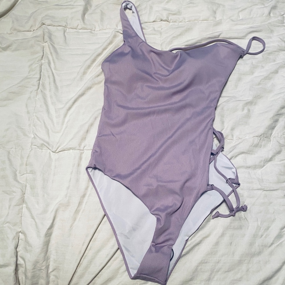Rib Lace Up One Shoulder Swimsuit
